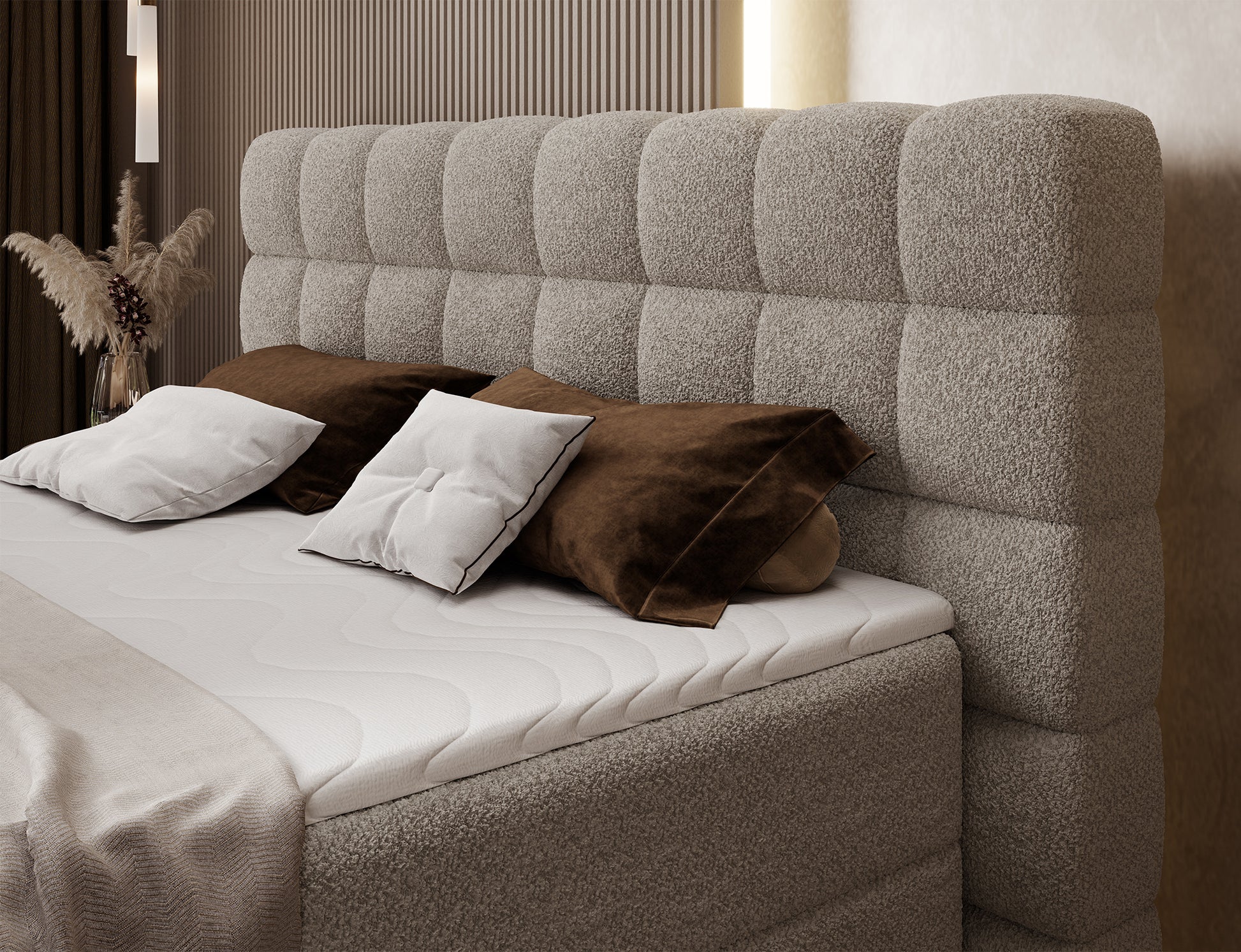 Wezgłowie łóżka Camma Royal 18 w jasnobeżowym kolorze, przeszywane panele nadają elegancji i przytulnego charakteru