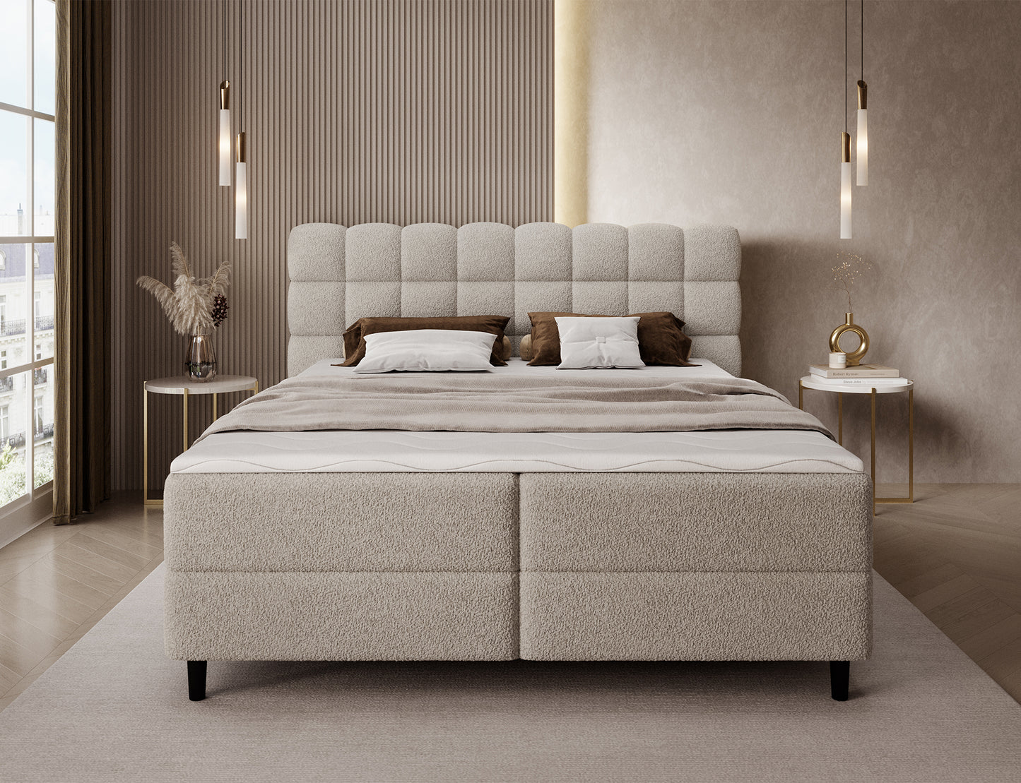 Łóżko kontynentalne Camma Royal 18 jasnobeżowe, widok od frontu, stylowy design i komfortowe wykończenie do sypialni