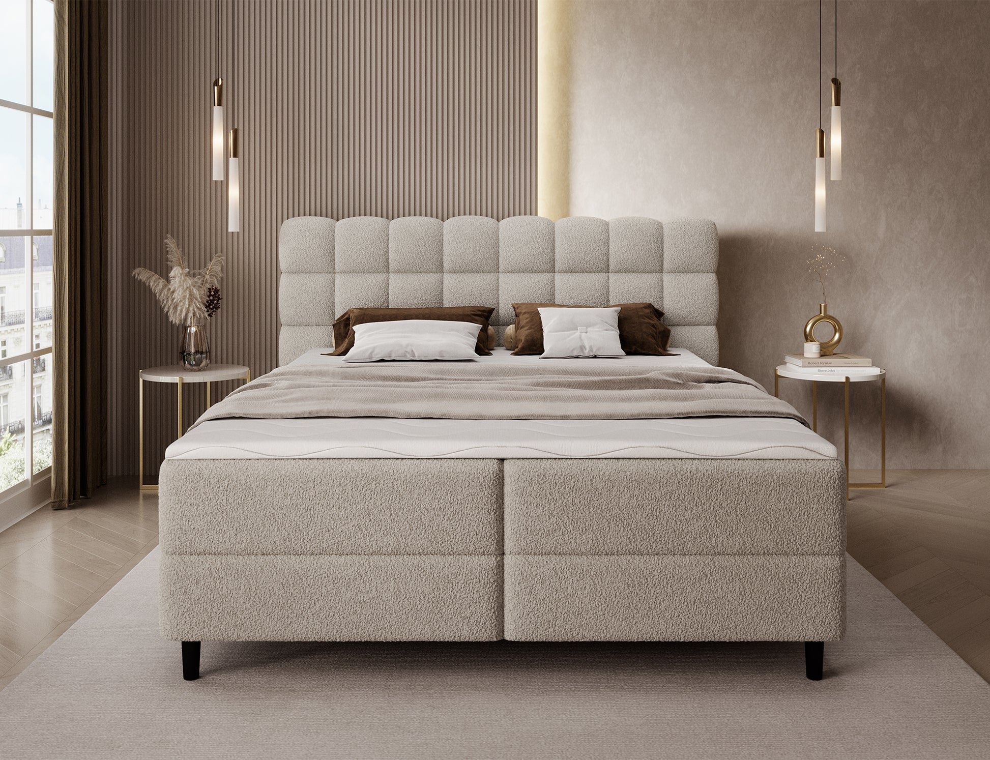 Łóżko kontynentalne Camma Royal 18 jasnobeżowe, widok od frontu, stylowy design i komfortowe wykończenie do sypialni