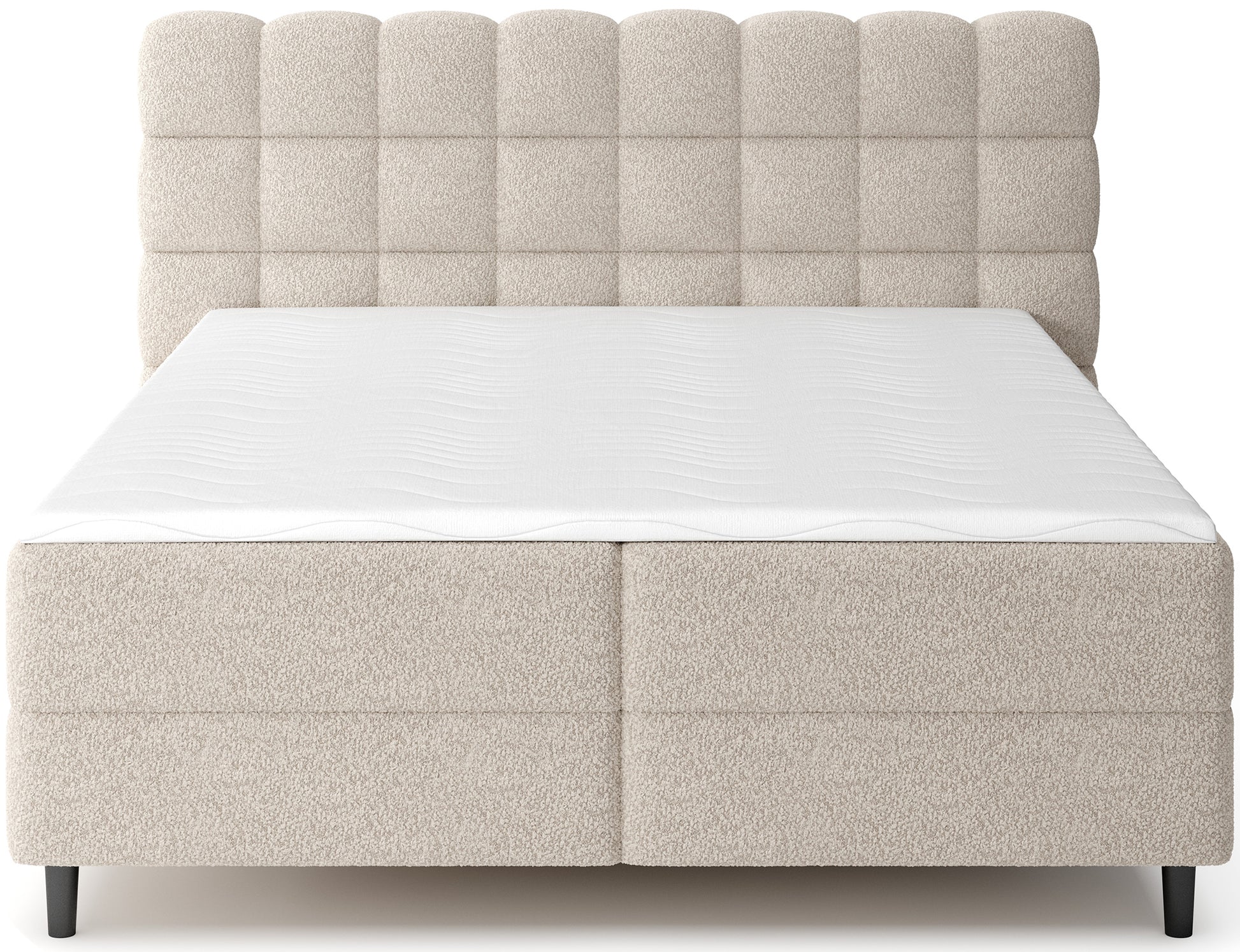 Jasnobeżowe łóżko Camma Royal 18 z efektownym wezgłowiem i pojemnikiem na pościel, idealne do nowoczesnej sypialni