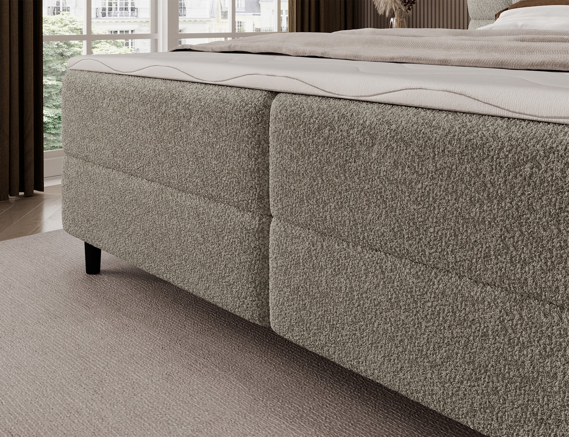 Korpus łóżka kontynentalnego Camma Royal 20 w beżowej tkaninie, solidna konstrukcja na czarnych, eleganckich nogach