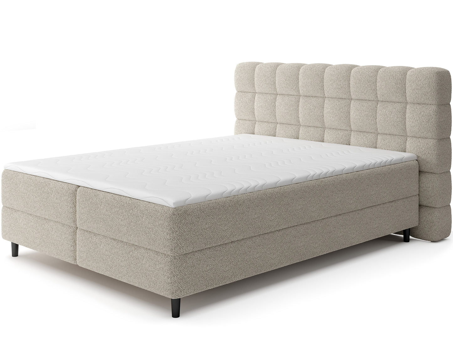 Łóżko kontynentalne Camma Royal 20 w beżowej tkaninie, nowoczesny design z efektownym wezgłowiem i pojemnikiem na pościel