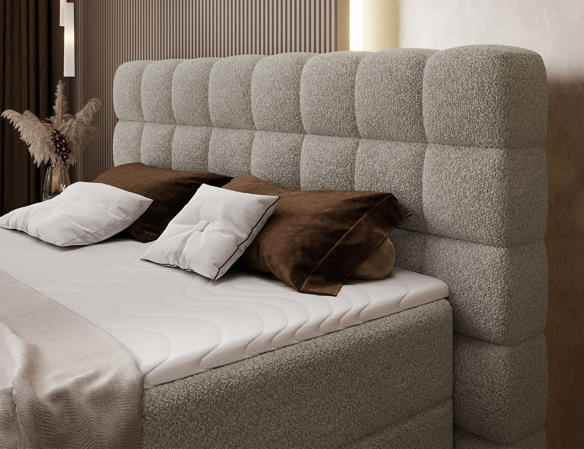 Wezgłowie łóżka Camma Royal 20 w beżowym kolorze, przeszywane panele nadają elegancji i przytulnego charakteru wnętrzu