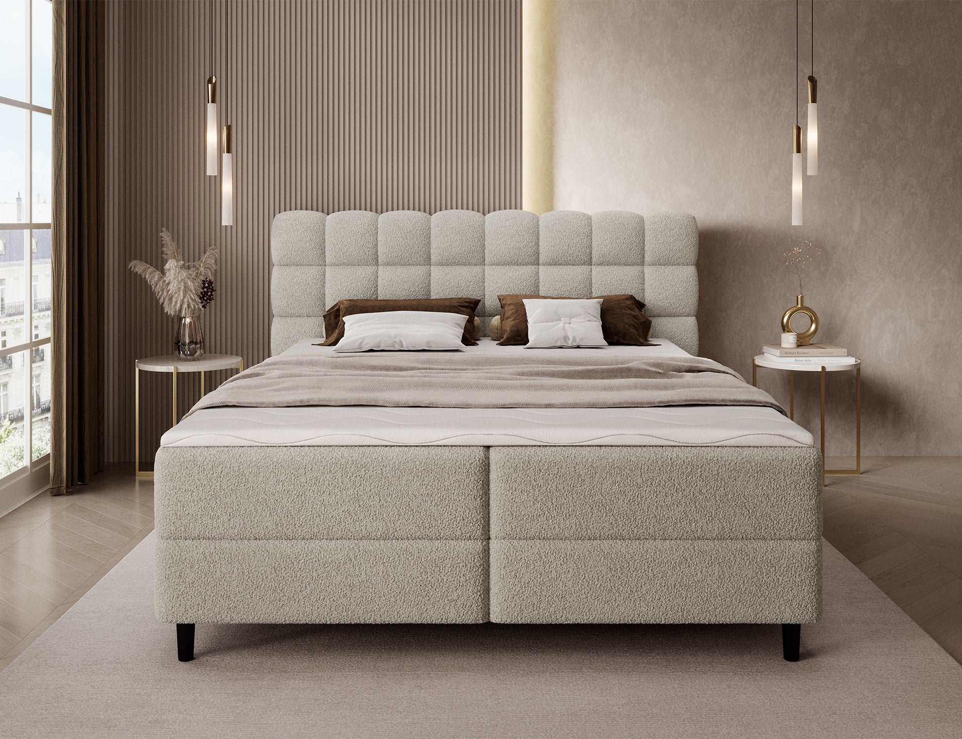 Łóżko kontynentalne Camma Royal 20 beżowe, widok od frontu, elegancka forma i komfortowe wykończenie do sypialni