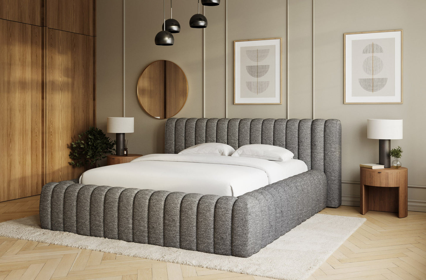 Łóżko Carilla w tkaninie Coralline 03 jasnoszary – stylowa aranżacja sypialni z tapicerowanym zagłówkiem i nowoczesnym wystrojem.