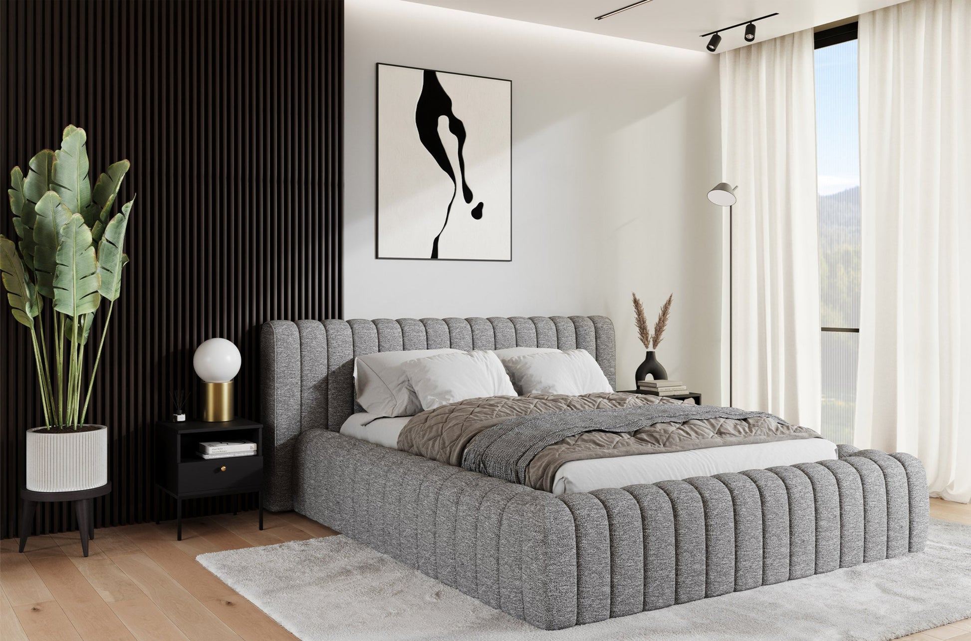 Łóżko tapicerowane Carilla Coralline 03 jasnoszary w nowoczesnej sypialni z czarnymi akcentami i dużym oknem z widokiem na góry.