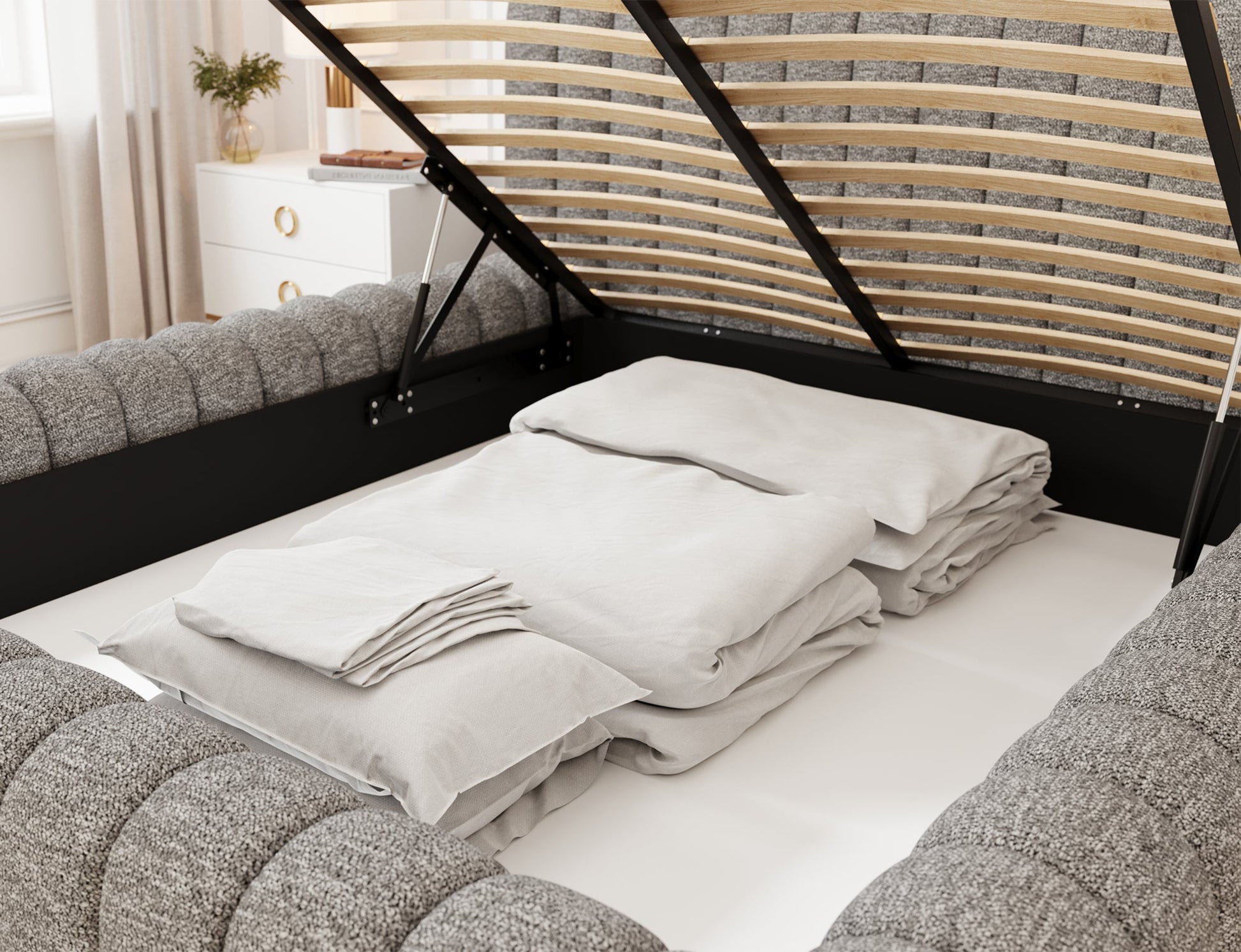 Pojemnik na pościel w łóżku Carilla z podnoszonym stelażem – praktyczne i eleganckie rozwiązanie do każdej nowoczesnej sypialni.