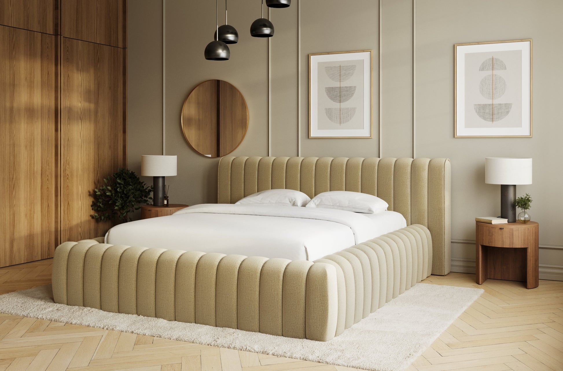 Łóżko Carilla Monolith 04 beżowe w aranżacji sypialni – elegancki design, tapicerowane wezgłowie i nowoczesne wykończenie wnętrza.