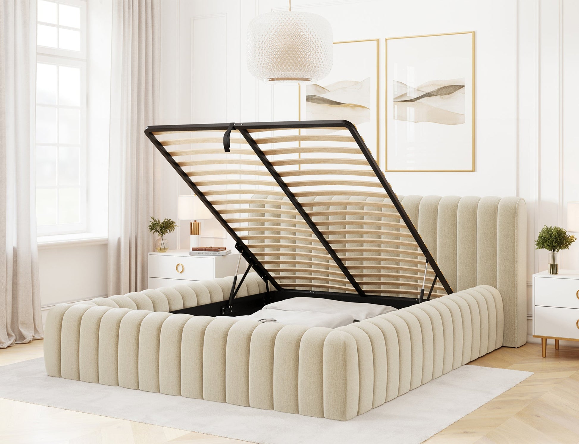 Beżowe łóżko Carilla Monolith 04 z podnoszonym stelażem i pojemnikiem na pościel – funkcjonalne rozwiązanie do eleganckiej sypialni.