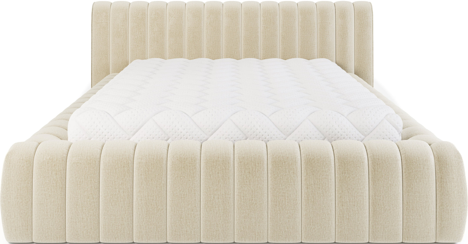 Łóżko tapicerowane Carilla w tkaninie Monolith 04 beżowy, z wyrazistym pikowaniem i wysokim zagłówkiem, widok od frontu.