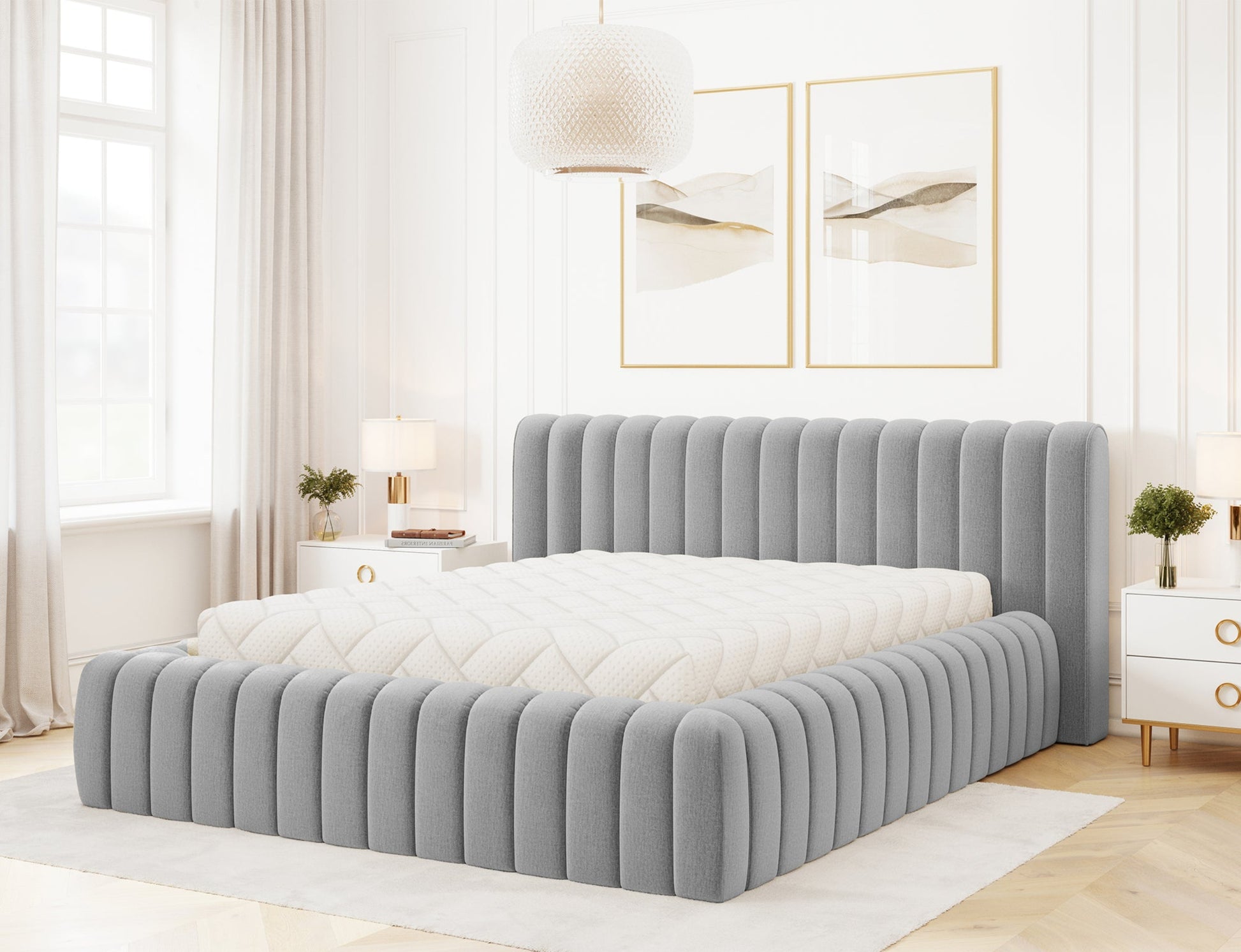 Łóżko tapicerowane Carilla w tkaninie Monolith 85 szary z materacem, elegancki design do nowoczesnej sypialni