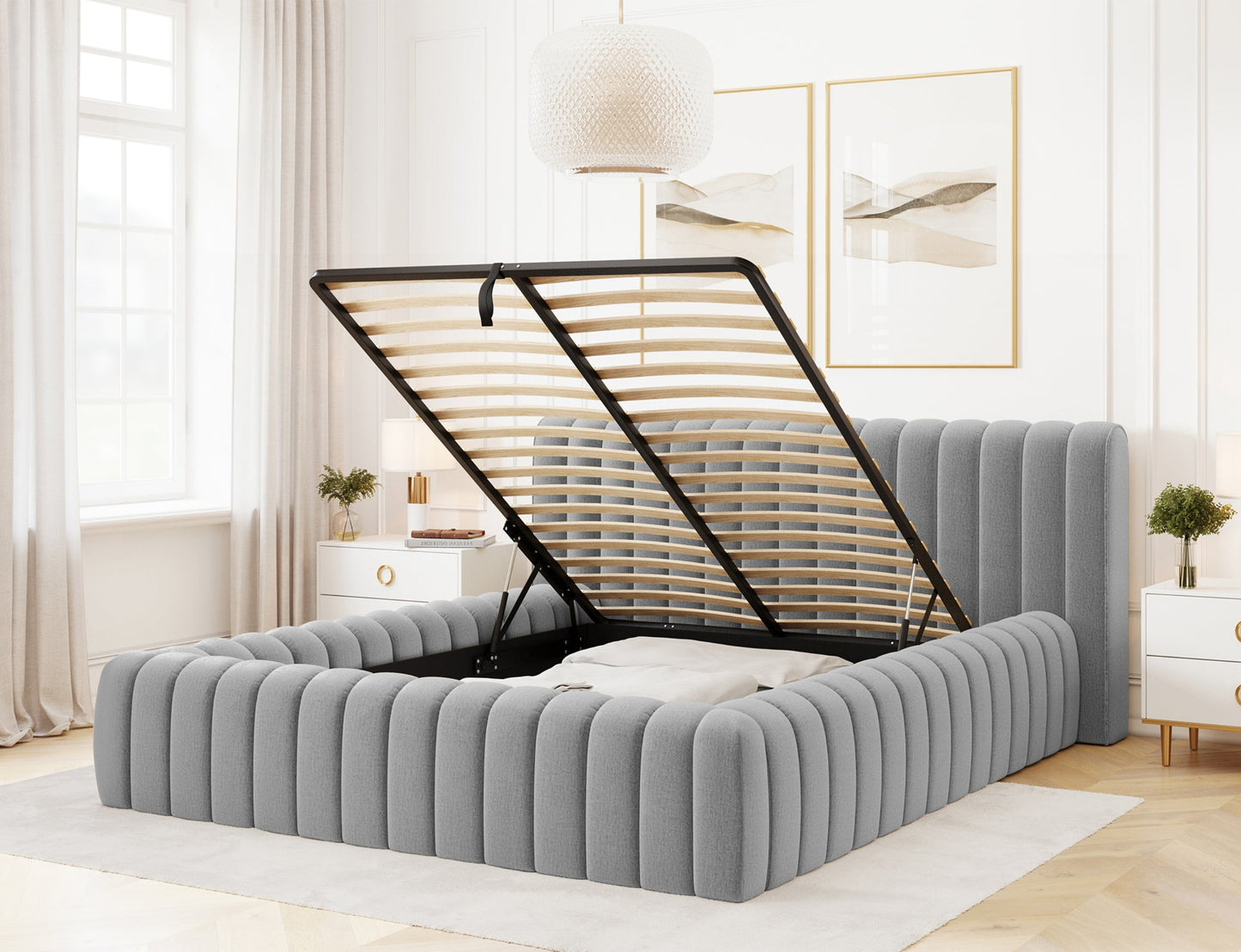 Łóżko Carilla Monolith 85 szary z podnoszonym stelażem i pojemnikiem na pościel, funkcjonalny mebel do nowoczesnej sypialni