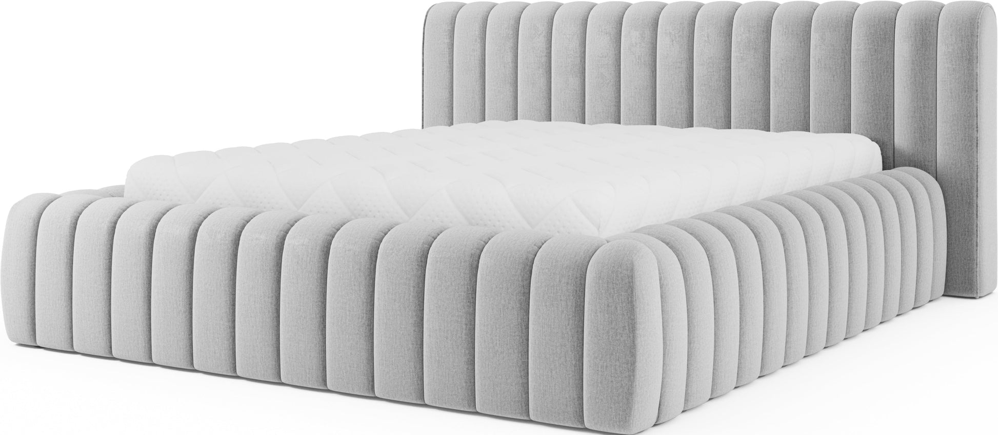 Łóżko tapicerowane Carilla Monolith 85 w kolorze szarym – nowoczesna forma, ozdobne przeszycia i komfortowe wezgłowie do sypialni.