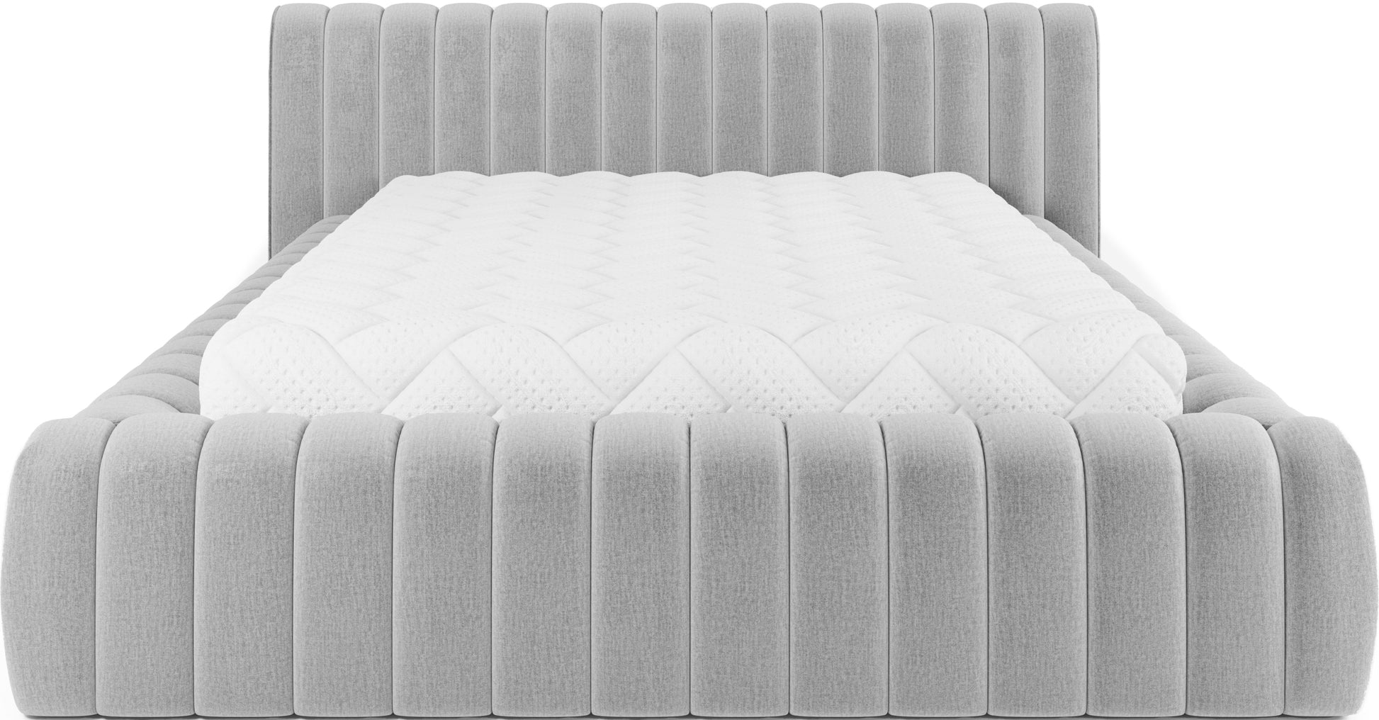 Łóżko Carilla z pionowymi przeszyciami, obite tkaniną Monolith 85 szary, z miękkim zagłówkiem i widocznym materacem od frontu.