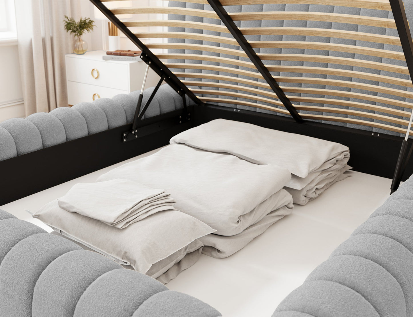 Pojemnik na pościel łóżka Carilla Royal 04 szary boucle, stelaż podnoszony z siłownikami, praktyczne wnętrze mebla.