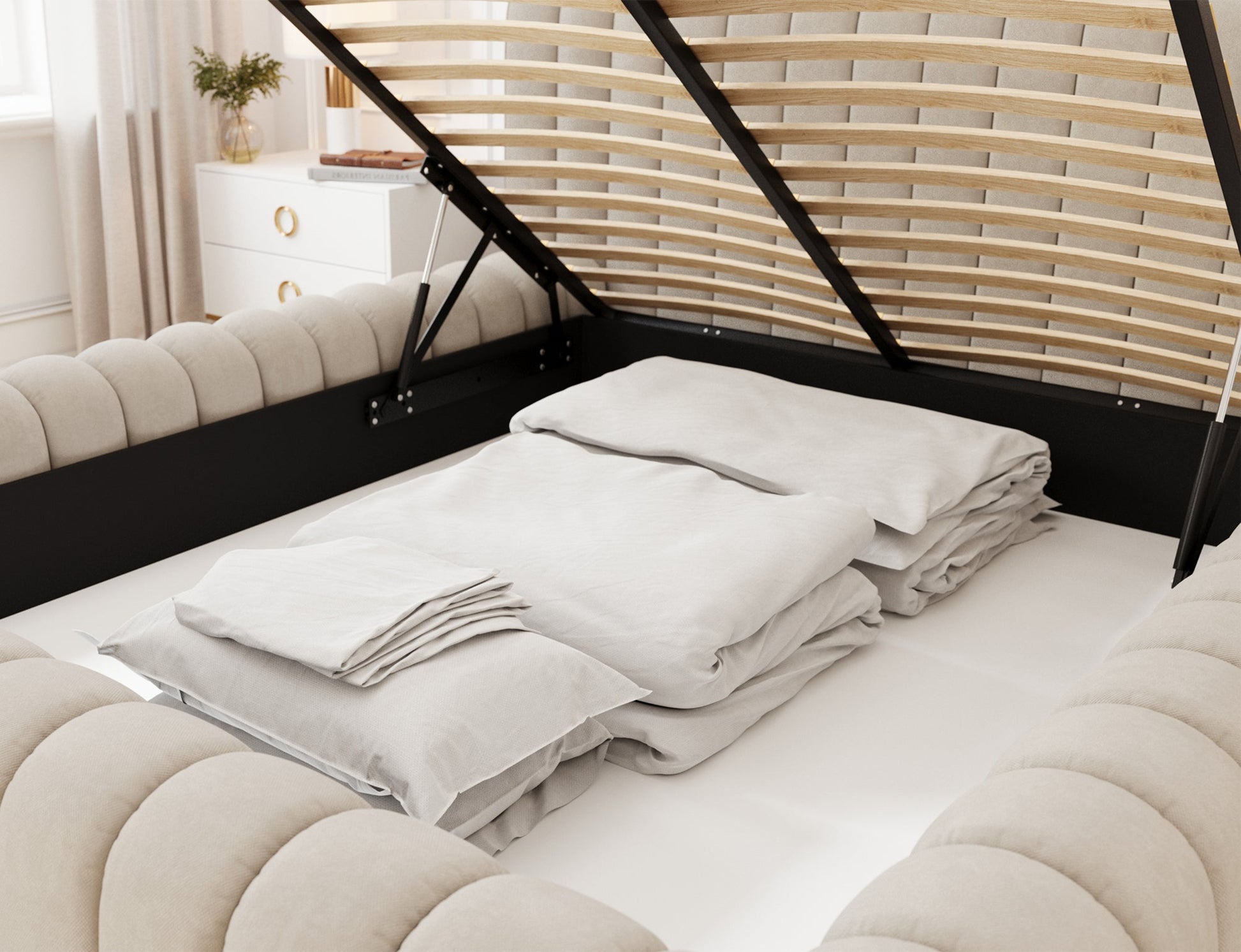 Pojemnik na pościel łóżka Carilla Sola 18 beżowy z podnoszonym stelażem i schowanym kompletem pościeli