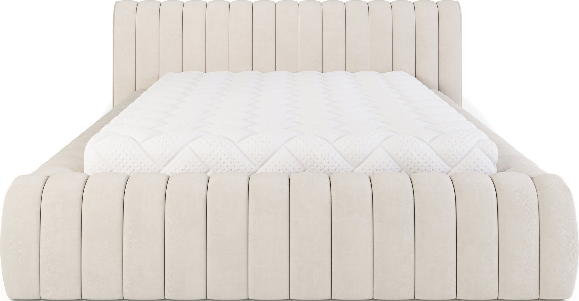 Łóżko Carilla tapicerowane tkaniną Sola 18 beżowy, widok z przodu, model bez aranżacji z materacem.