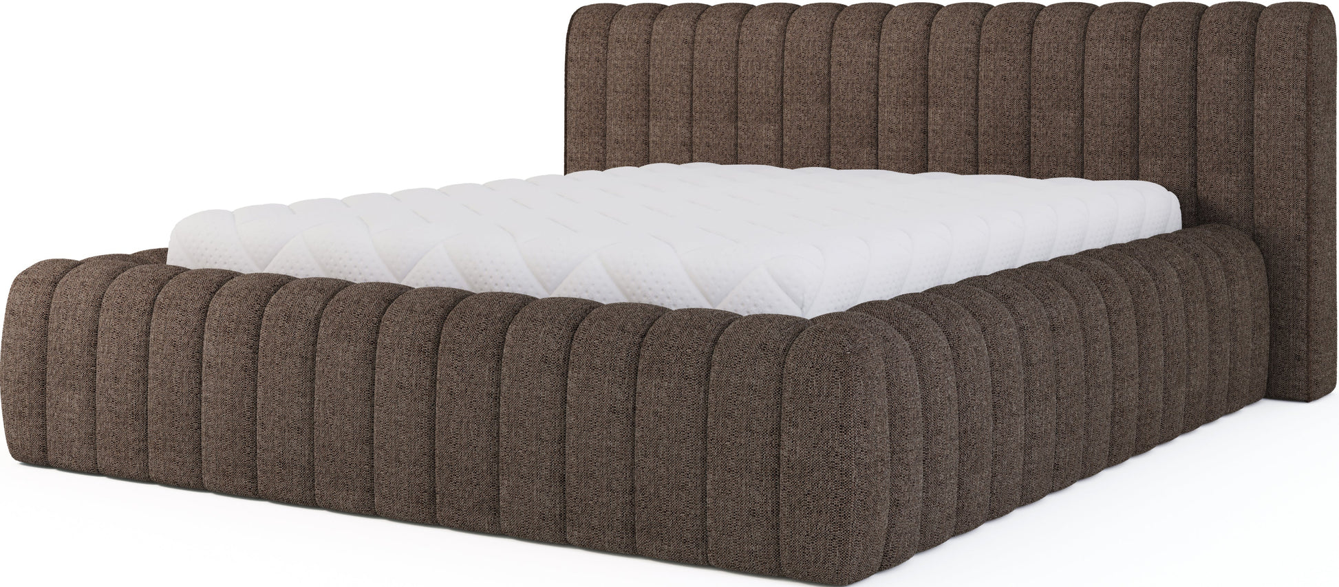 Tapicerowane łóżko Carilla w tkaninie Tonall 22 w odcieniu ciemnobeżowym, widok z boku, z białym materacem na ramie.