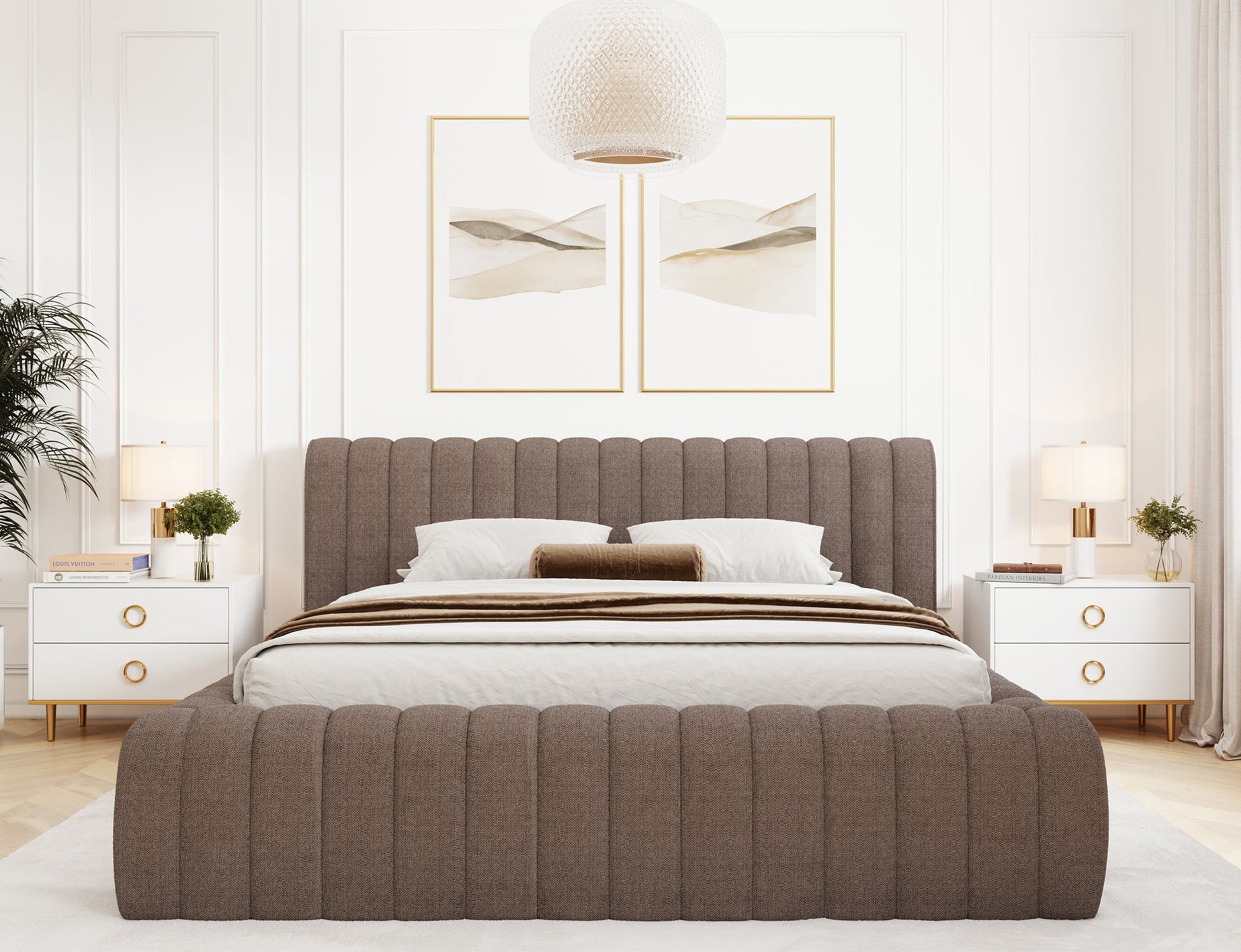 Łóżko Carilla Tonall 22 ciemnobeżowe w eleganckiej sypialni, widok od przodu, tło z jasnymi ścianami i dekoracjami.