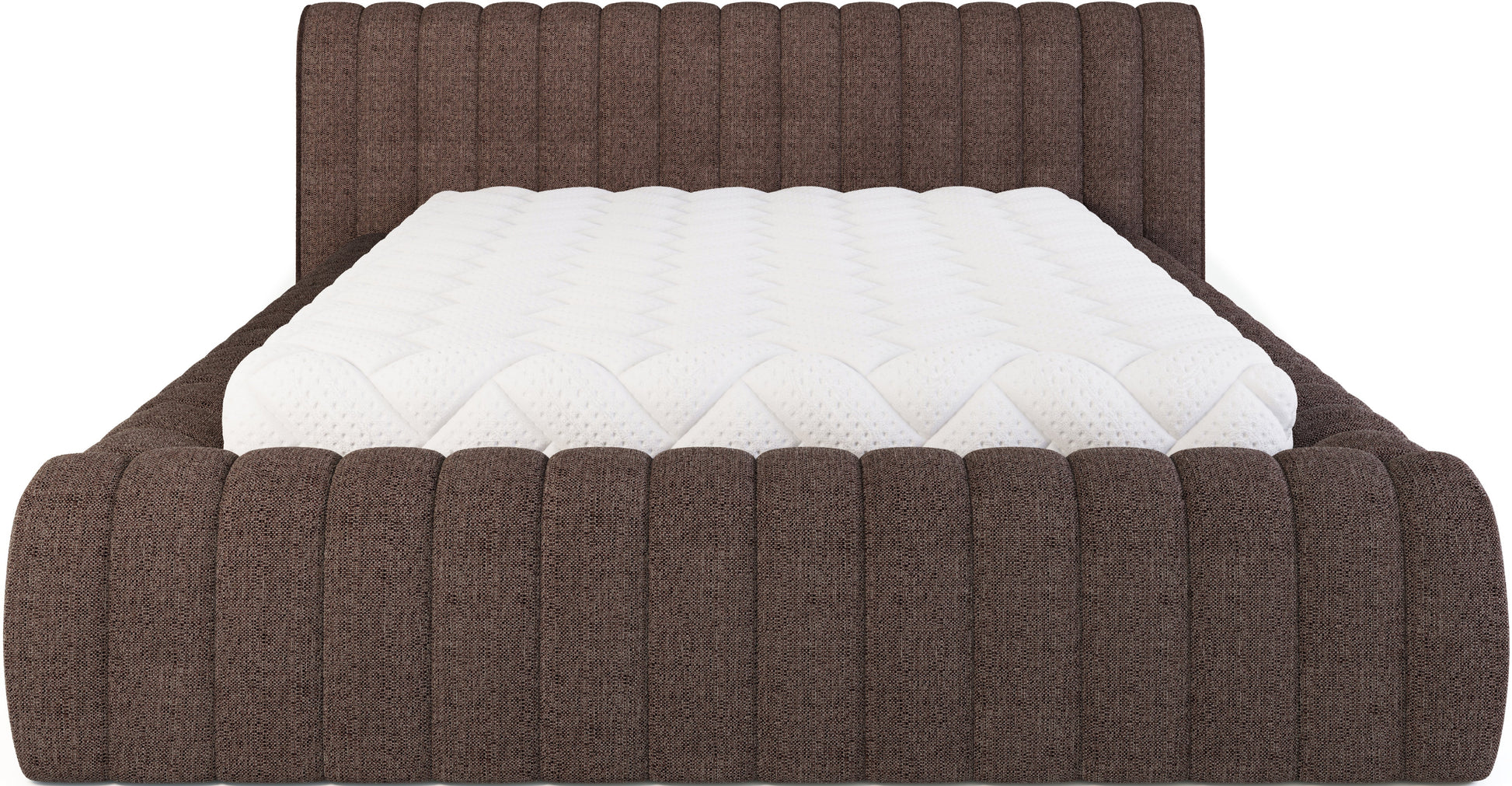 Łóżko Carilla tapicerowane tkaniną Tonall 22 ciemnobeżowe, widok od przodu, z białym materacem na tle białego tła.