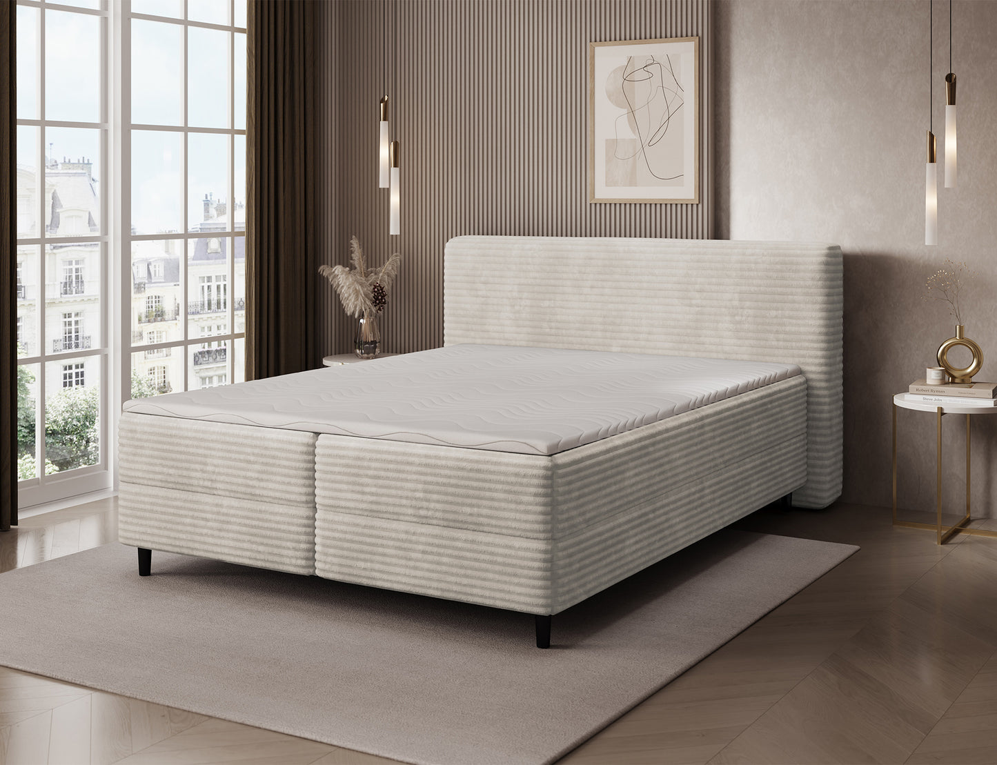 Białe łóżko Cortiko ELTAP w tkaninie Modullo 01, widoczny materac i topper, czarne nogi oraz subtelny, minimalistyczny design