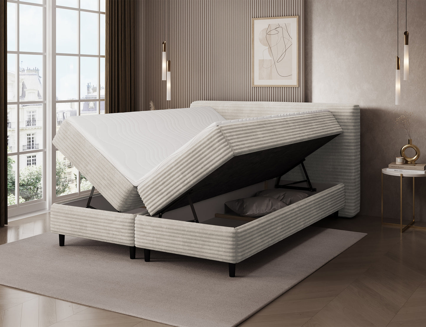 Łóżko Cortiko ELTAP w tkaninie Modullo 01, białe, z otwartym pojemnikiem na pościel i uniesionym stelażem w eleganckim wnętrzu