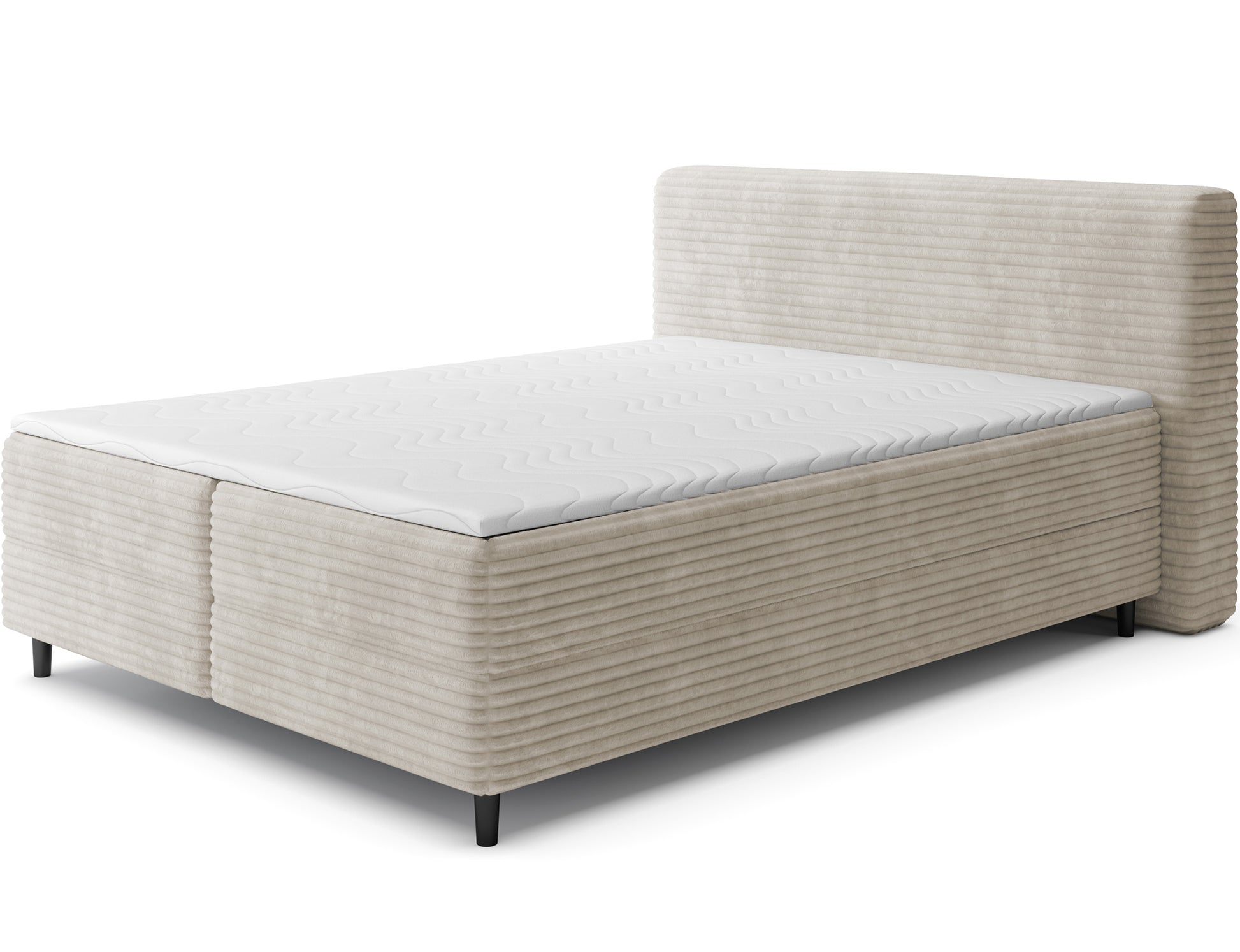 Białe łóżko kontynentalne Cortiko ELTAP w tkaninie Modullo 01, ujęcie skośne na białym tle z widocznym zagłówkiem i czarnymi nogami