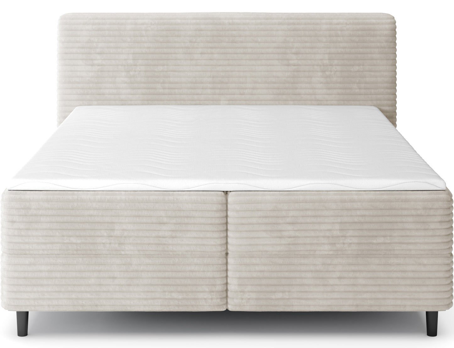 Łóżko kontynentalne Cortiko ELTAP w tkaninie Modullo 01, białe, ujęcie frontalne na białym tle, prosta forma i czarne nogi