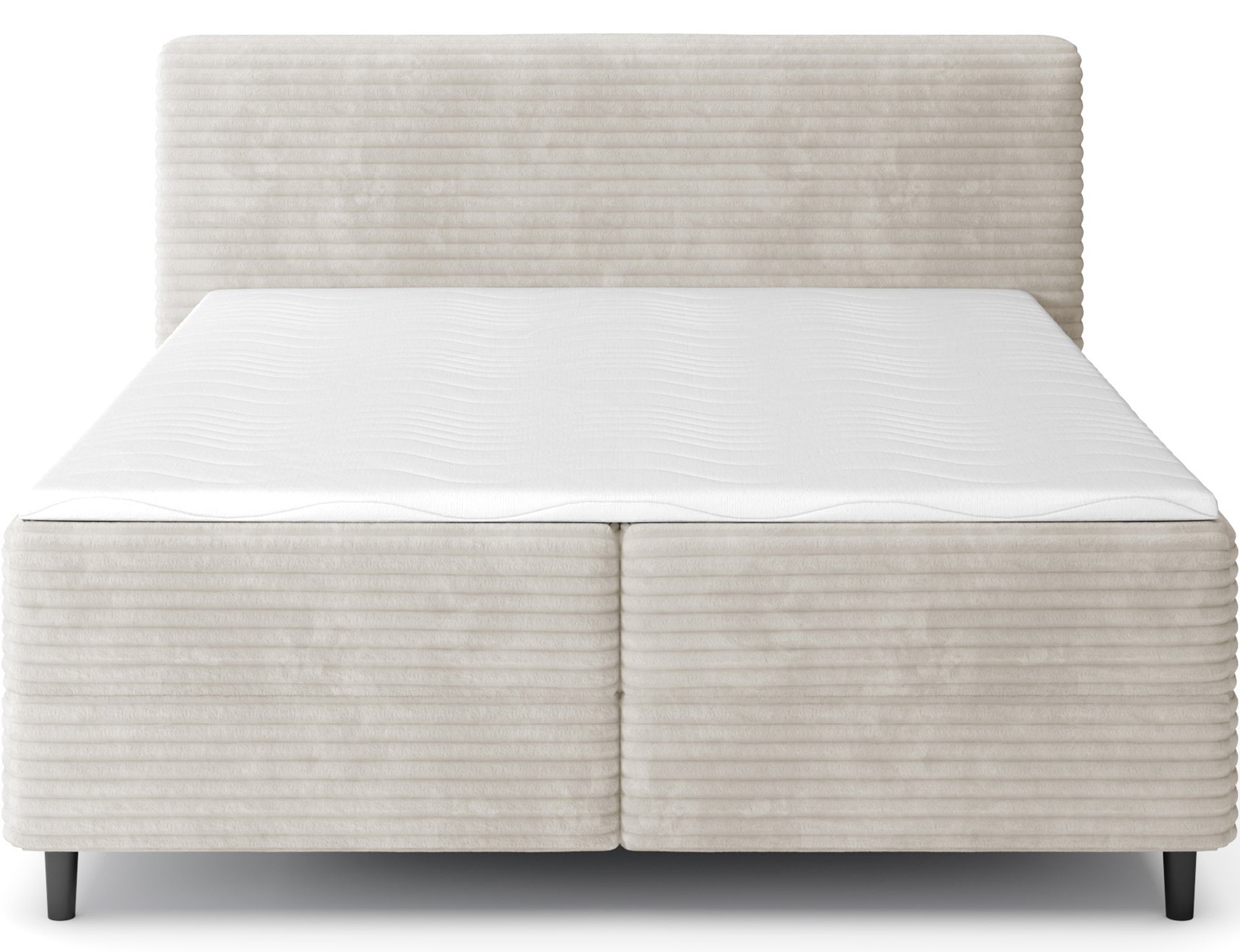 Łóżko kontynentalne Cortiko ELTAP w tkaninie Modullo 01, białe, ujęcie frontalne na białym tle, prosta forma i czarne nogi