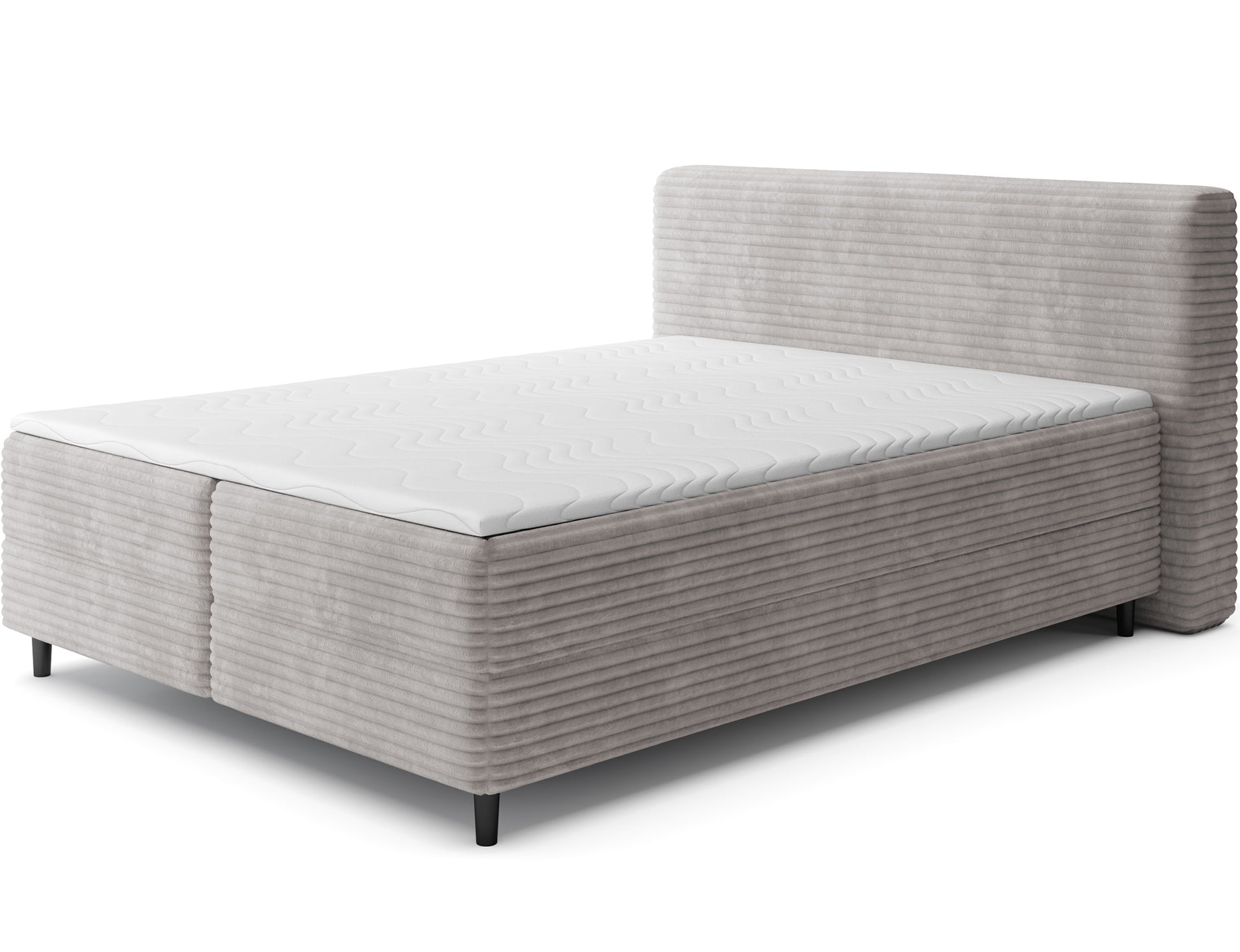 Jasnoszare łóżko kontynentalne Cortiko ELTAP w tkaninie Modullo 03, ujęcie skośne na białym tle z zagłówkiem i czarnymi nogami