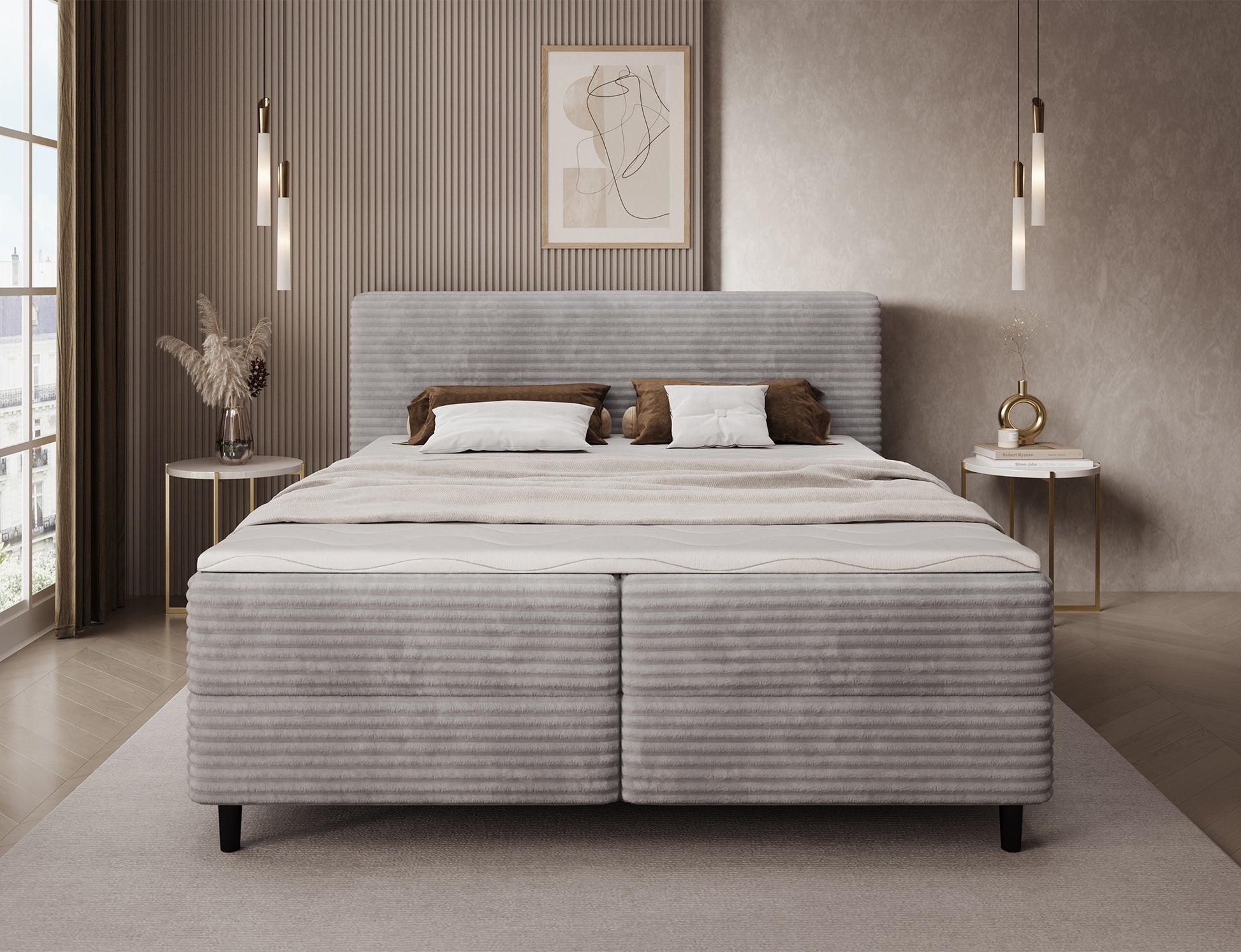 Łóżko kontynentalne Cortiko ELTAP w tkaninie Modullo 03, jasnoszare, widok od przodu w eleganckiej sypialni z jasnymi dodatkami