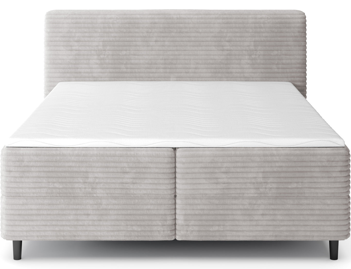 Jasnoszare łóżko kontynentalne Cortiko ELTAP w tkaninie Modullo 03, ujęcie frontalne na białym tle, prosta forma i czarne nogi