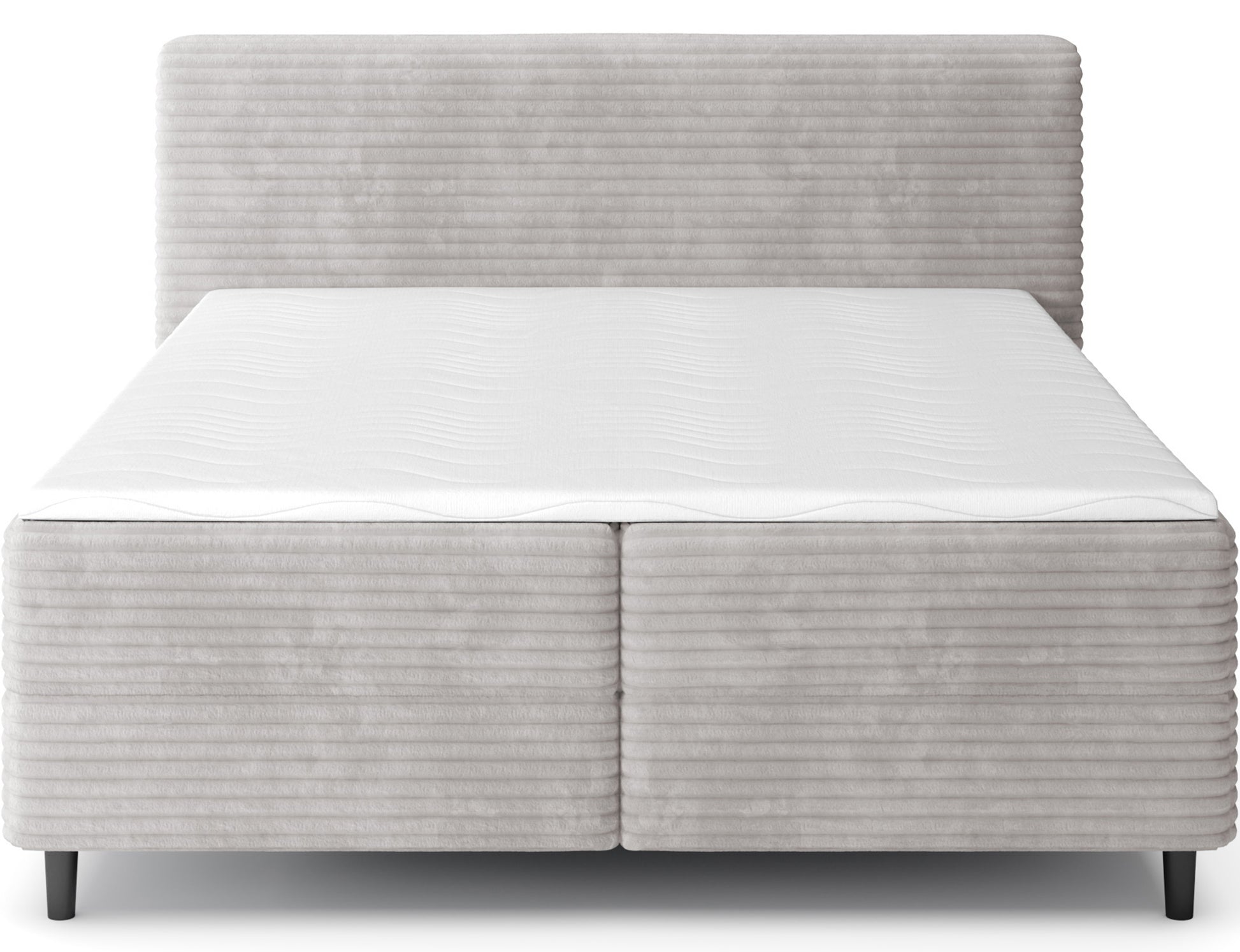 Jasnoszare łóżko kontynentalne Cortiko ELTAP w tkaninie Modullo 03, ujęcie frontalne na białym tle, prosta forma i czarne nogi