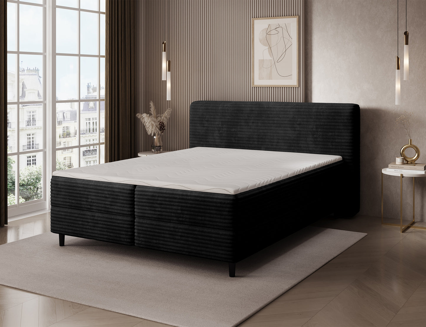 Czarne łóżko Cortiko ELTAP w tkaninie Modullo 10, widoczny biały materac i topper, kontrastowe wykończenie i nowoczesny charakter