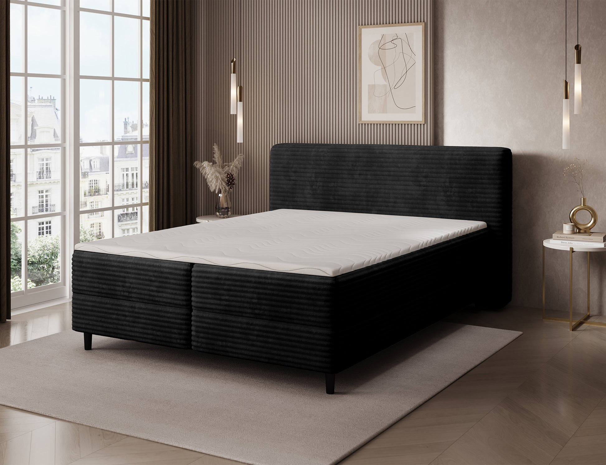 Czarne łóżko Cortiko ELTAP w tkaninie Modullo 10, widoczny biały materac i topper, kontrastowe wykończenie i nowoczesny charakter
