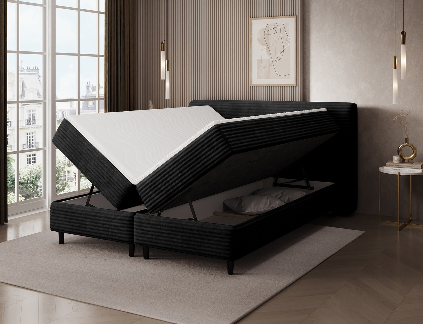 Łóżko Cortiko ELTAP w tkaninie Modullo 10, czarne, z otwartym pojemnikiem na pościel i uniesionym stelażem w eleganckiej sypialni