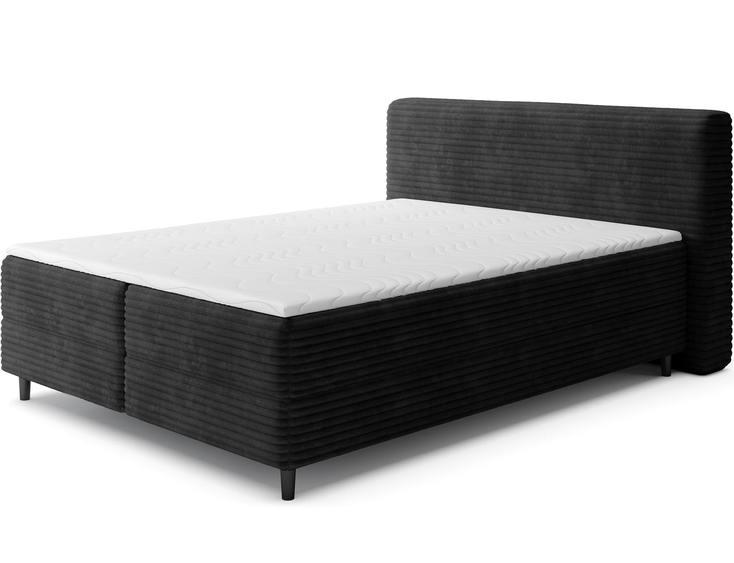 Czarne łóżko kontynentalne Cortiko ELTAP w tkaninie Modullo 10, ujęcie skośne na białym tle z wysokim zagłówkiem i czarnymi nogami