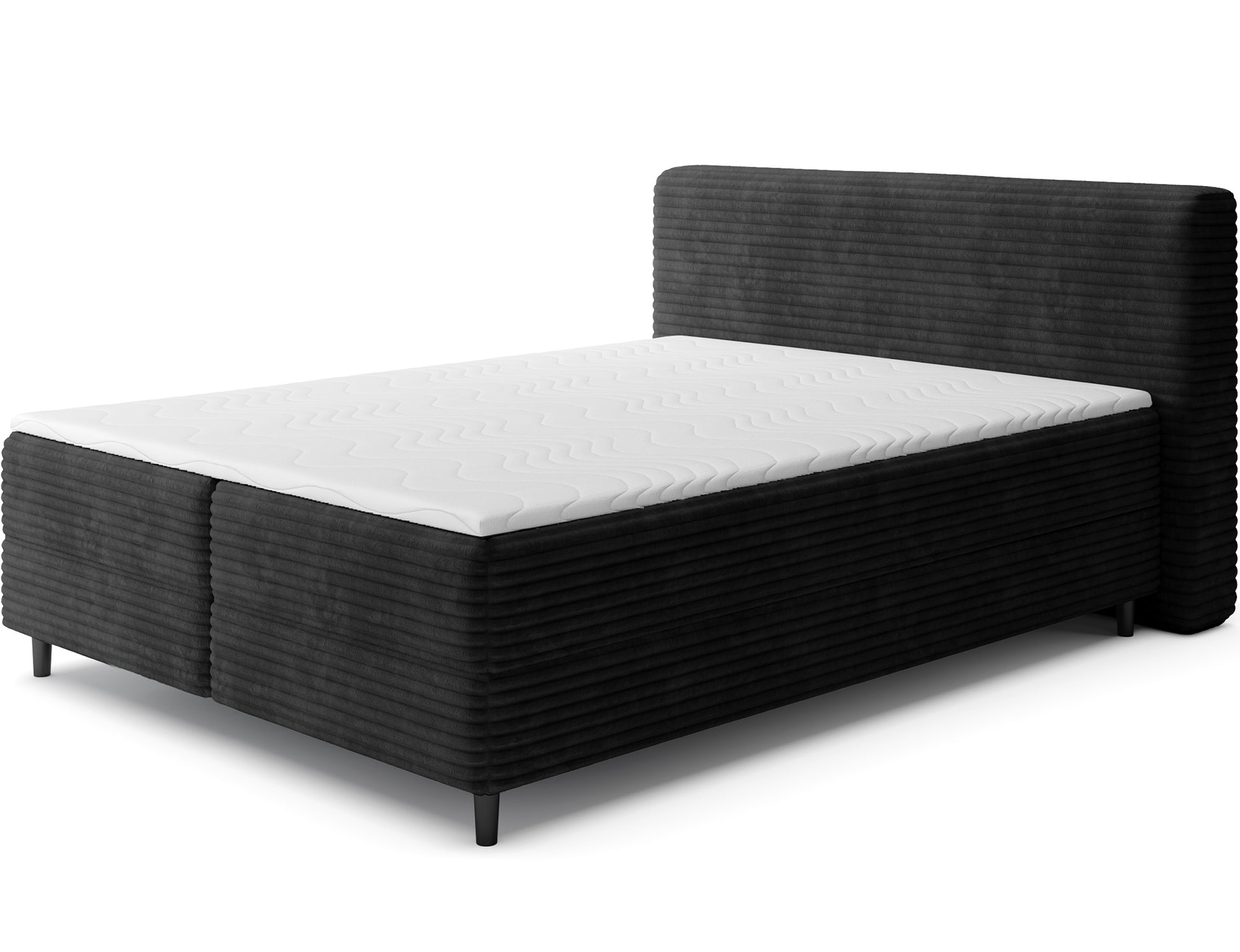 Czarne łóżko kontynentalne Cortiko ELTAP w tkaninie Modullo 10, ujęcie skośne na białym tle z wysokim zagłówkiem i czarnymi nogami