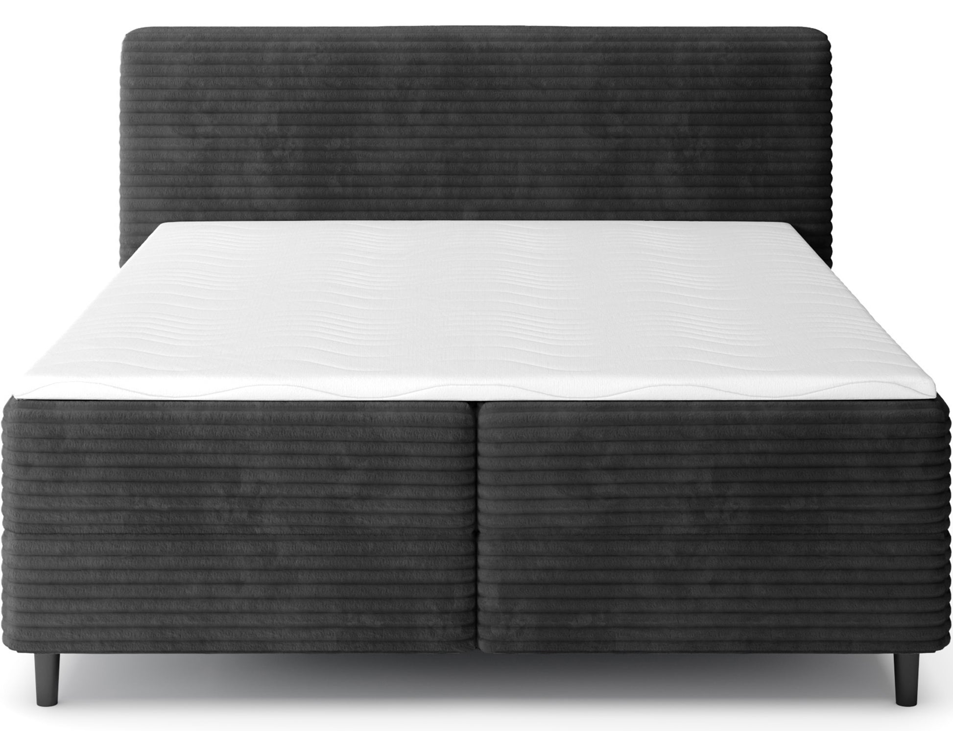 Łóżko kontynentalne Cortiko ELTAP w tkaninie Modullo 10, czarne, ujęcie frontalne na białym tle, prosta forma i eleganckie wykończenie