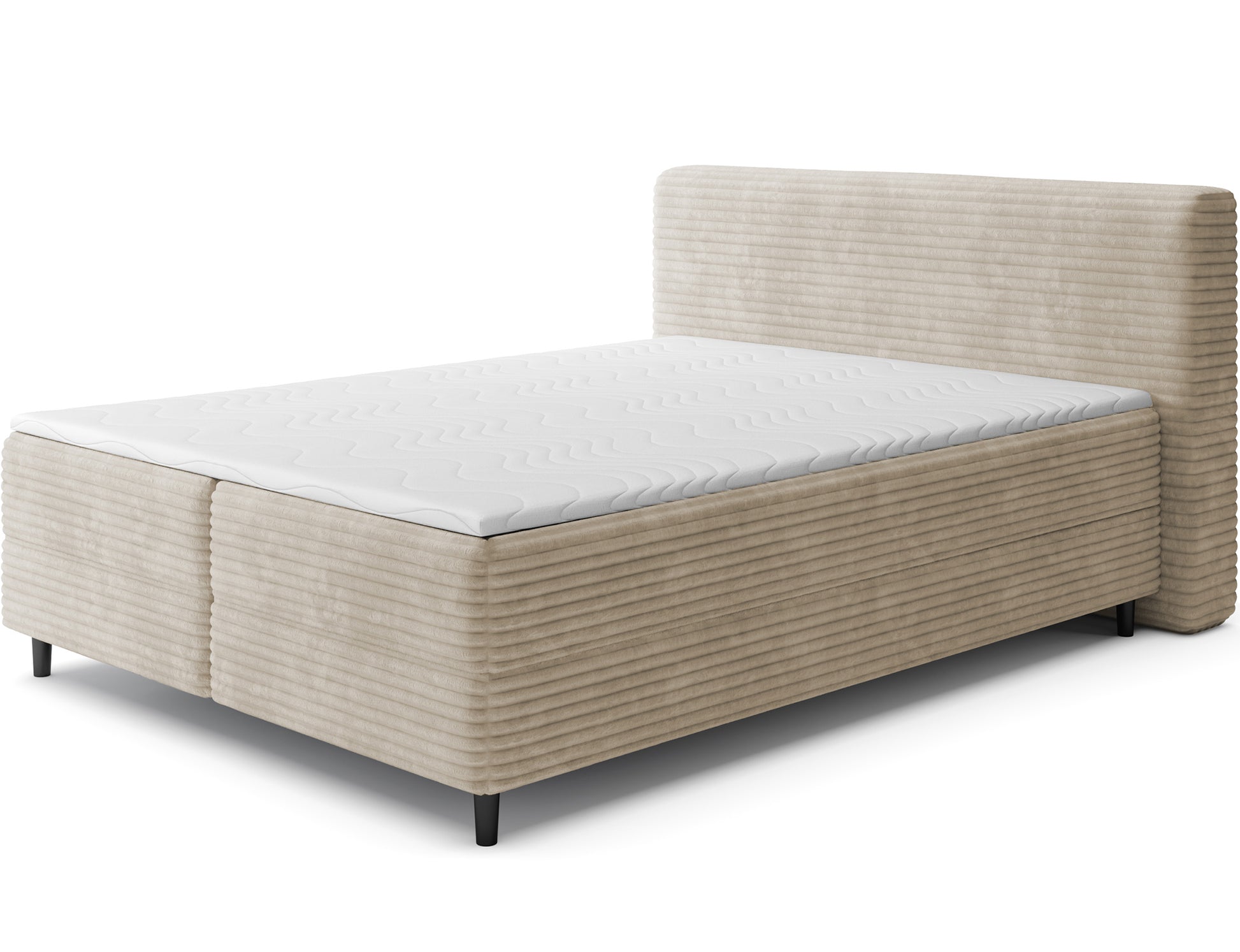 Jasnobeżowe łóżko kontynentalne Cortiko ELTAP w tkaninie Modullo 18, ujęcie skośne na białym tle z widocznym zagłówkiem i czarnymi nogami