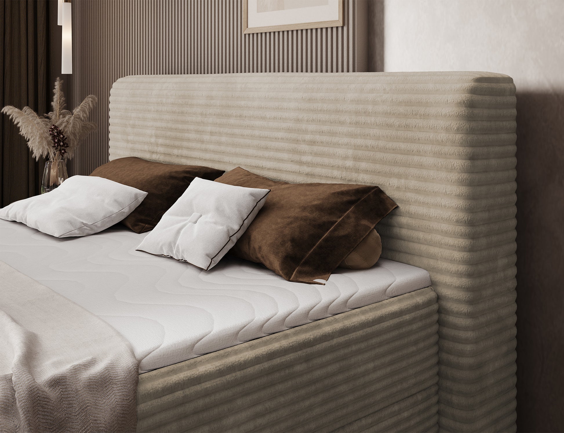 Wezgłowie łóżka kontynentalnego Cortiko ELTAP w tkaninie Modullo 18, jasnobeżowy kolor, wyraźne pionowe przeszycia i miękka faktura