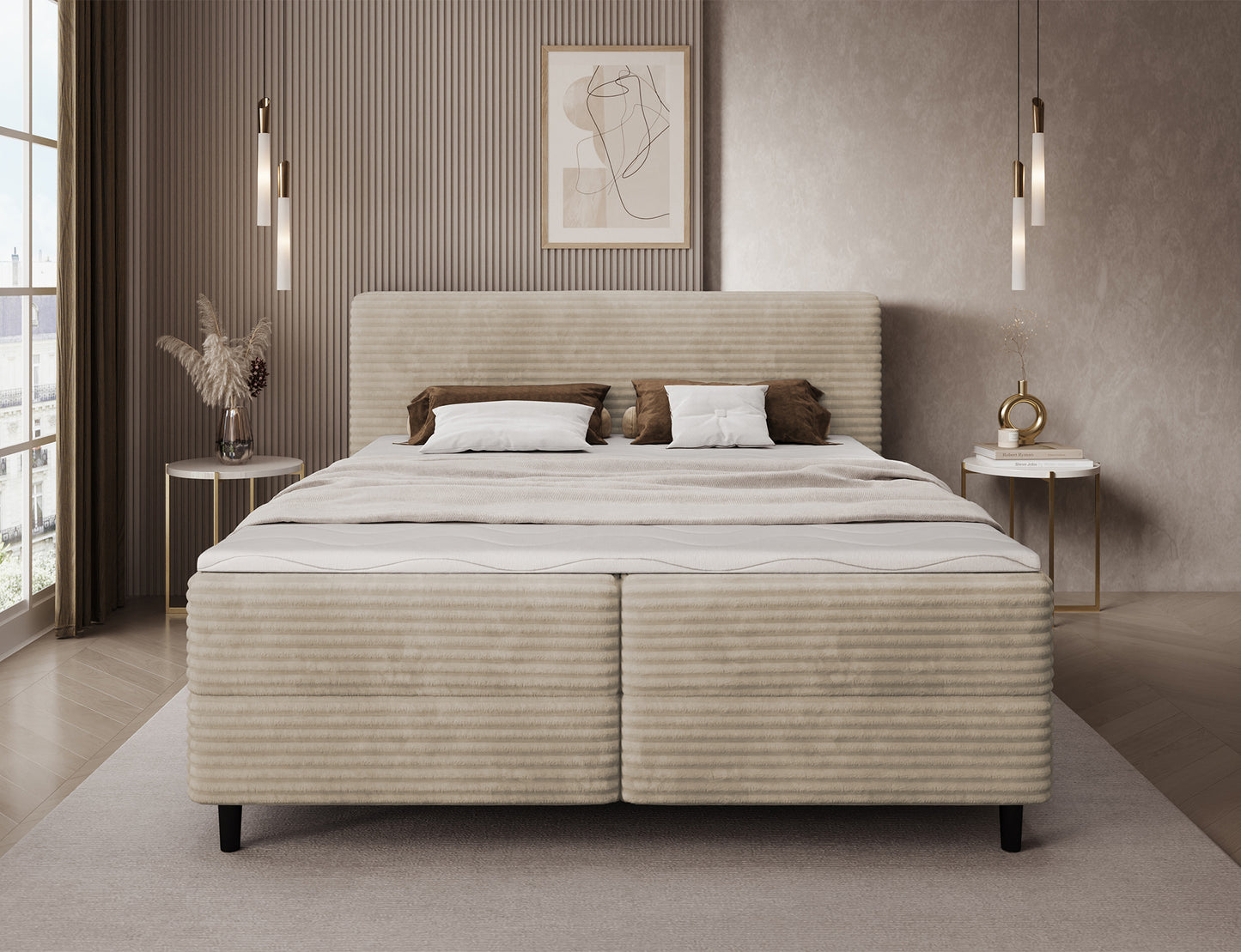 Jasnobeżowe łóżko kontynentalne Cortiko ELTAP w tkaninie Modullo 18, ujęcie frontalne na białym tle, eleganckie przeszycia i prosta forma