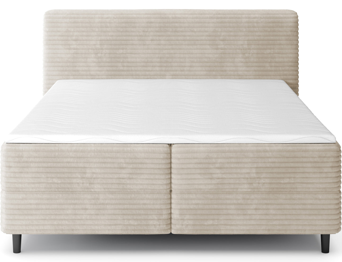 Łóżko kontynentalne Cortiko ELTAP w tkaninie Modullo 18, jasnobeżowe, widok od przodu na białym tle, ryflowany zagłówek i czarne nóżki