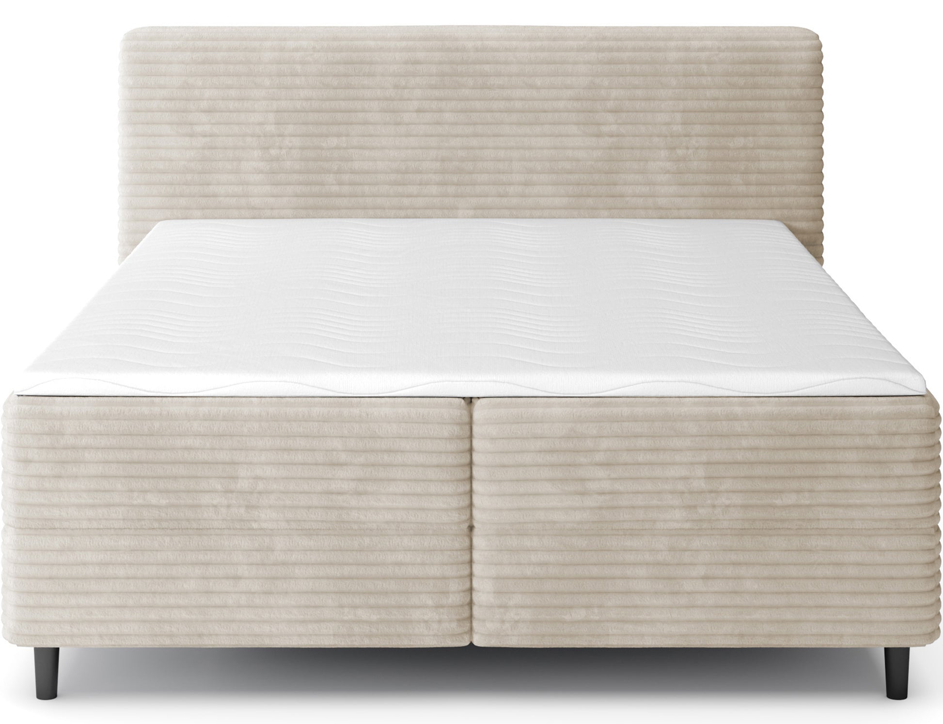 Łóżko kontynentalne Cortiko ELTAP w tkaninie Modullo 18, jasnobeżowe, widok od przodu na białym tle, ryflowany zagłówek i czarne nóżki