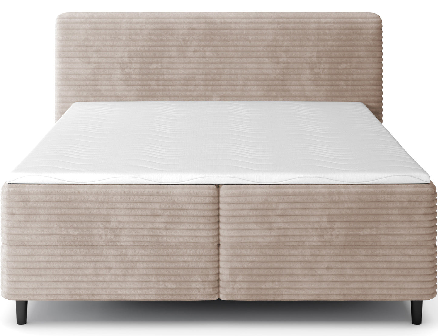 Beżowe łóżko kontynentalne Cortiko ELTAP w tkaninie Modullo 20, ujęcie frontalne na białym tle, prosta forma i czarne nogi