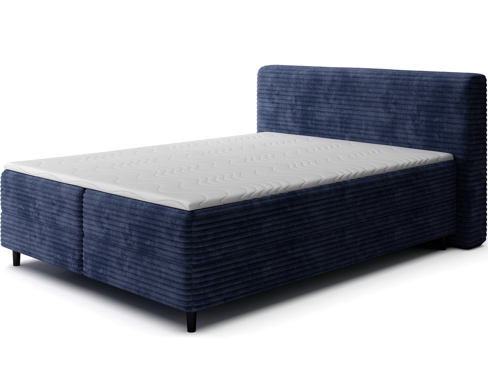 Łóżko kontynentalne Cortiko ELTAP w tkaninie Modullo 50, ciemnoniebieskie, ujęcie skośne na białym tle z prostym zagłówkiem i czarnymi nogami