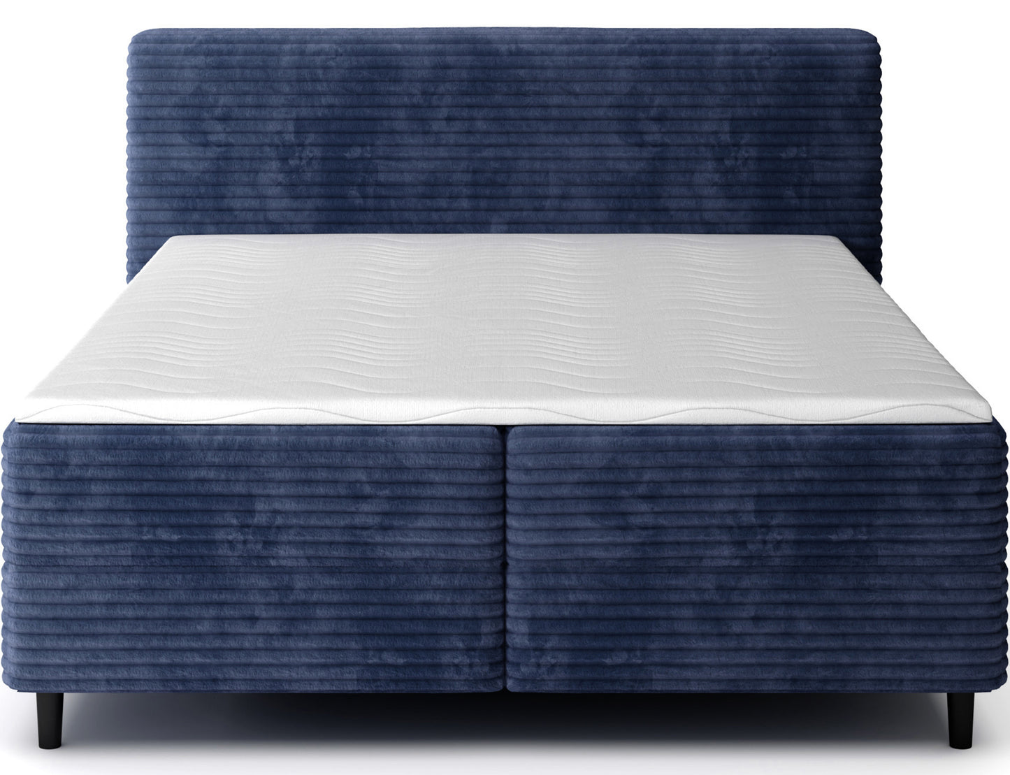 Łóżko Cortiko ELTAP w tkaninie Modullo 50, ciemnoniebieskie, widok frontalny na białym tle, prosta forma i czarne nogi