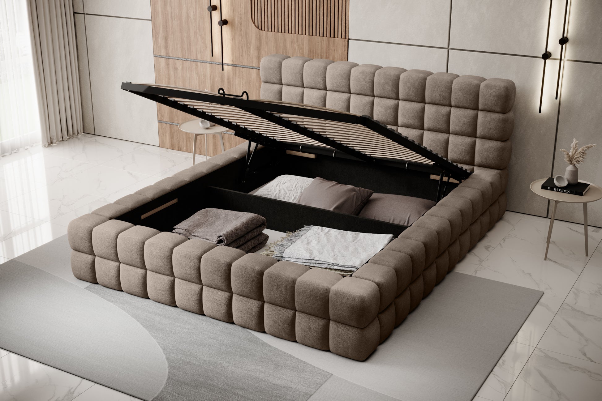 Łóżko Dizzle 140x200 cm w kolorze Amore 20 jasnobrązowy z podniesionym stelażem, prezentujące praktyczny pojemnik na pościel i dodatkowe miejsce do przechowywania.