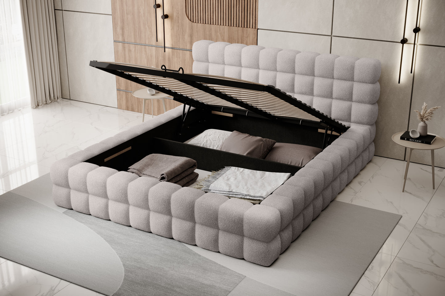 Łóżko Dizzle 140x200 cm w kolorze Jaffray 03 szary z podniesionym stelażem, prezentujące przestronny pojemnik na pościel i praktyczne miejsce do przechowywania.