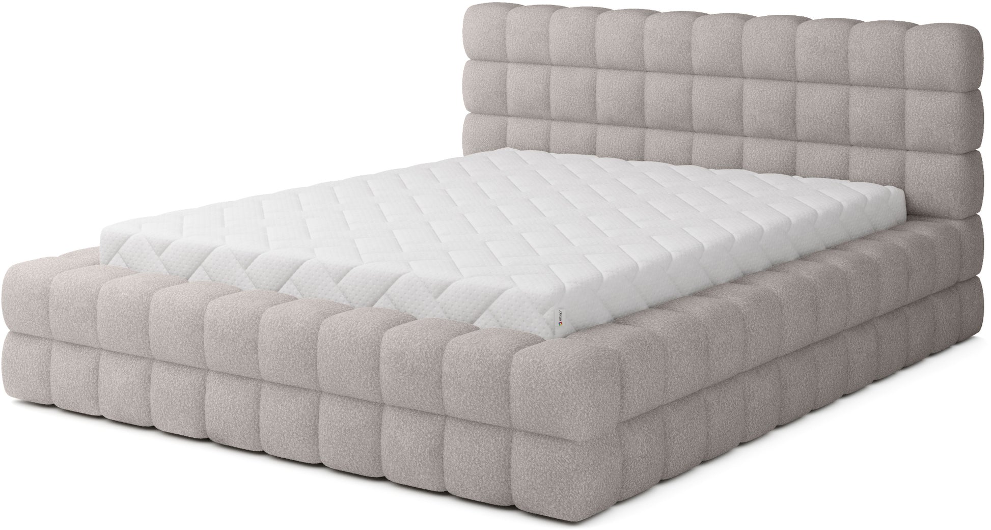 Łóżko tapicerowane Dizzle 180x200 cm w tkaninie Jaffray 03 szary, widok z przodu z wysokim, pikowanym zagłówkiem i elegancką ramą.